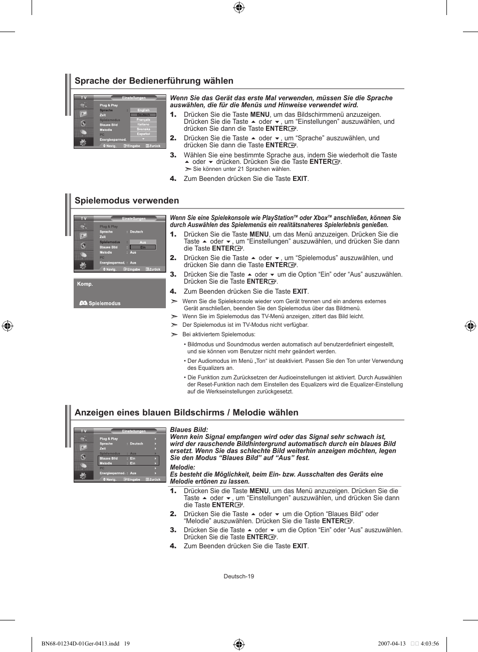 Sprache der bedienerführung wählen, Spielemodus verwenden, Anzeigen eines blauen bildschirms / melodie wählen | Samsung LE32S62B User Manual | Page 73 / 187