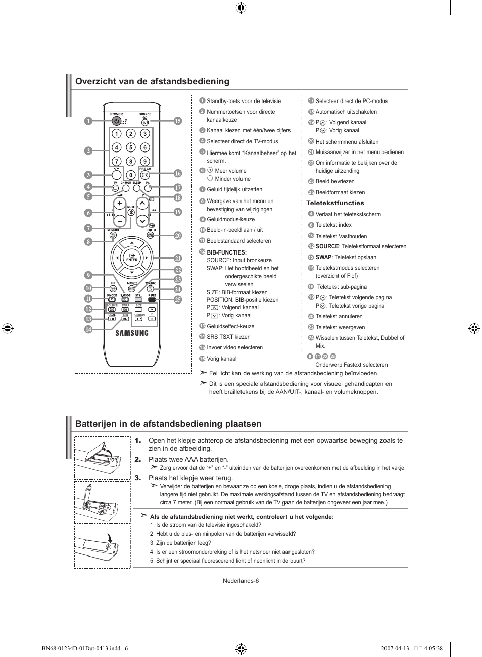 Overzicht van de afstandsbediening, Batterijen in de afstandsbediening plaatsen | Samsung LE32S62B User Manual | Page 86 / 187