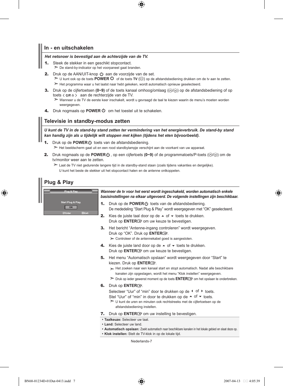 Televisie in standby-modus zetten, Plug & play | Samsung LE32S62B User Manual | Page 87 / 187