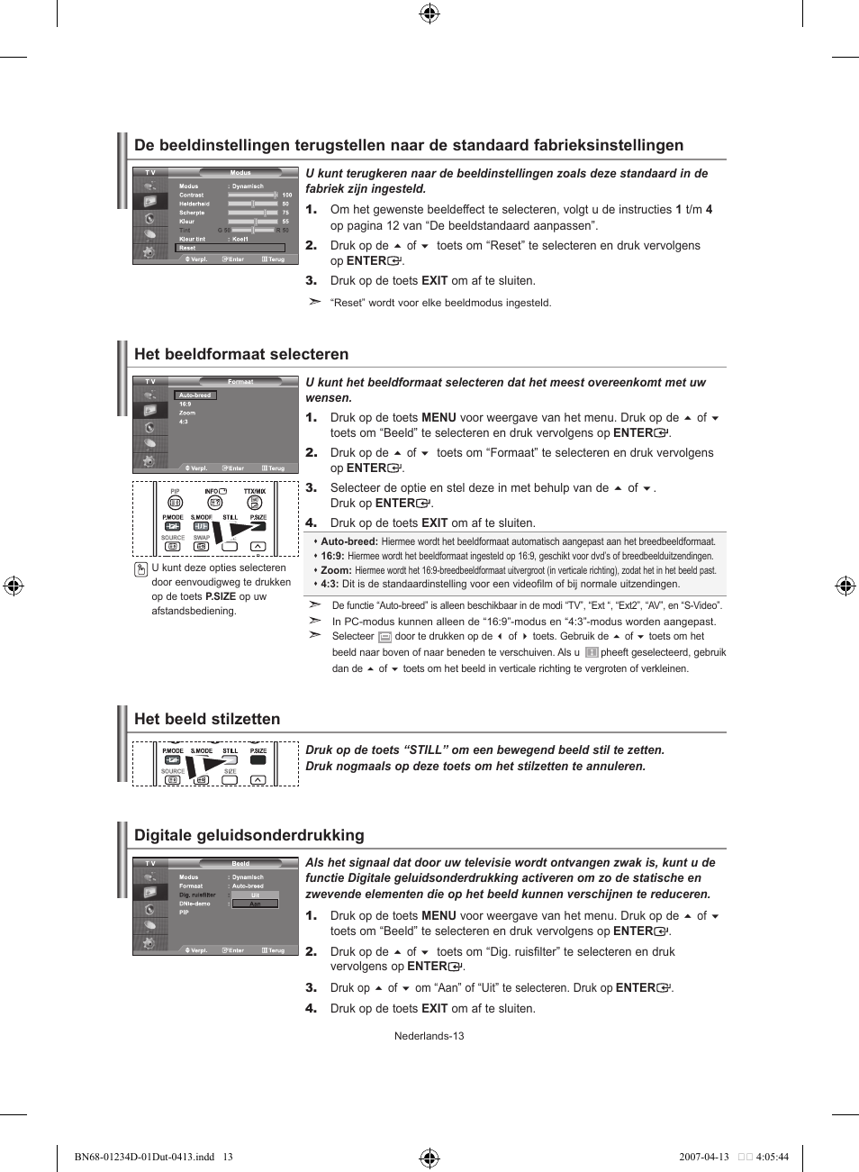 Het beeldformaat selecteren, Digitale geluidsonderdrukking | Samsung LE32S62B User Manual | Page 93 / 187