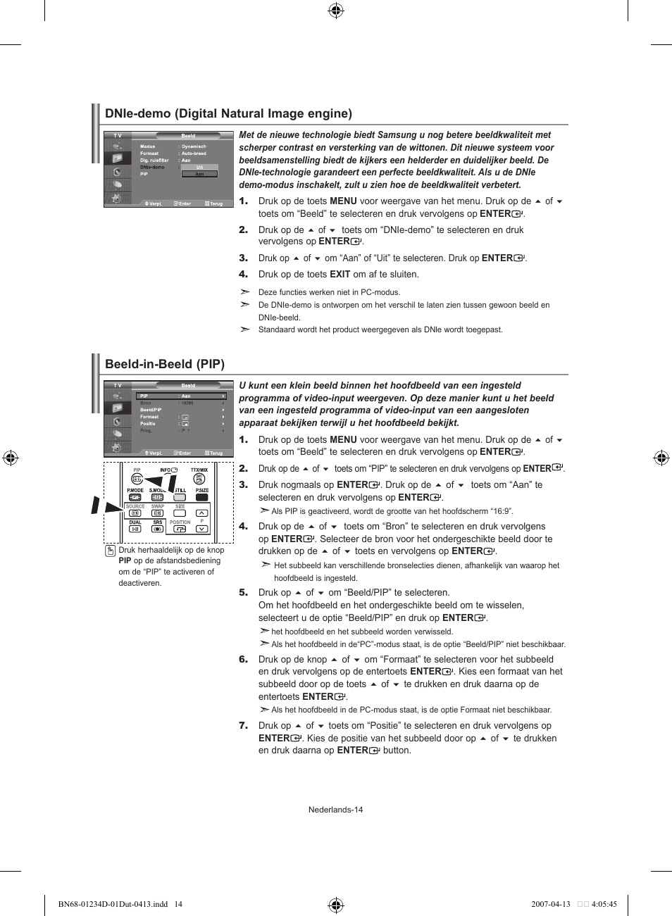 Beeld-in-beeld (pip), Dnie-demo (digital natural image engine) | Samsung LE32S62B User Manual | Page 94 / 187