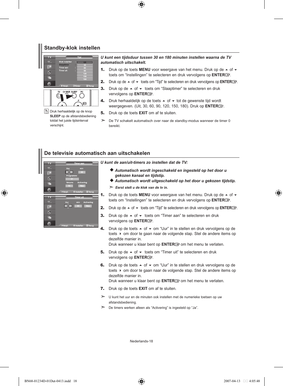 Standby-klok instellen, De televisie automatisch aan uitschakelen | Samsung LE32S62B User Manual | Page 98 / 187