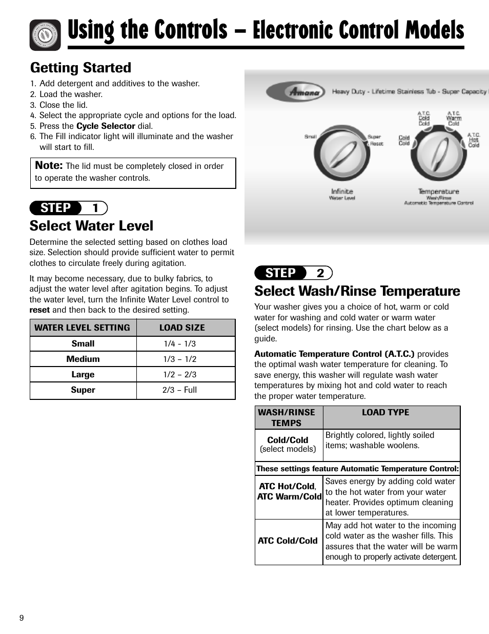 Using the controls, Electronic control models, Select wash/rinse temperature | Select water level, Getting started, Step 2, Step 1 | Amana NAV-1 User Manual | Page 10 / 52