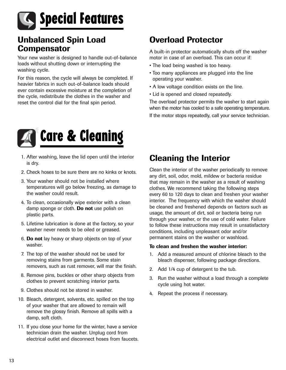 Special features care & cleaning, Unbalanced spin load compensator, Overload protector | Cleaning the interior | Amana NAV-1 User Manual | Page 14 / 52