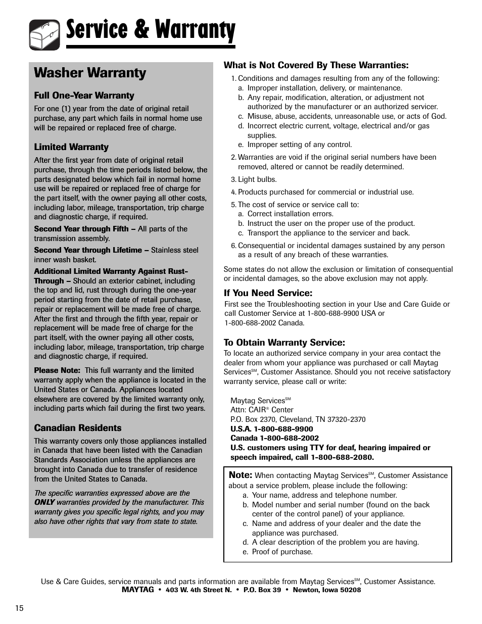 Service & warranty, Washer warranty | Amana NAV-1 User Manual | Page 16 / 52