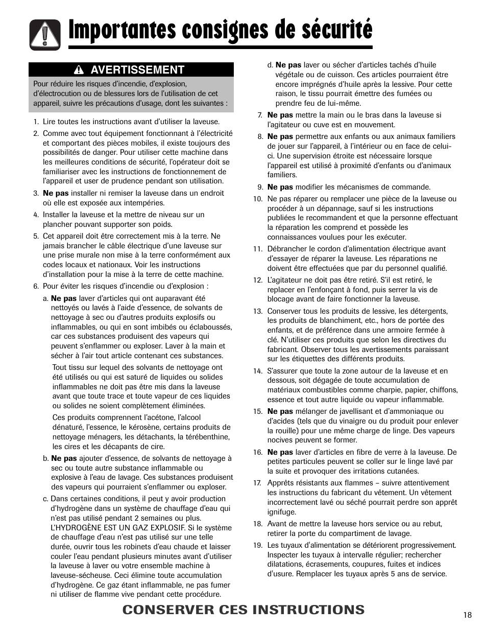 Importantes consignes de sécurité, Conserver ces instructions, Avertissement | Amana NAV-1 User Manual | Page 19 / 52