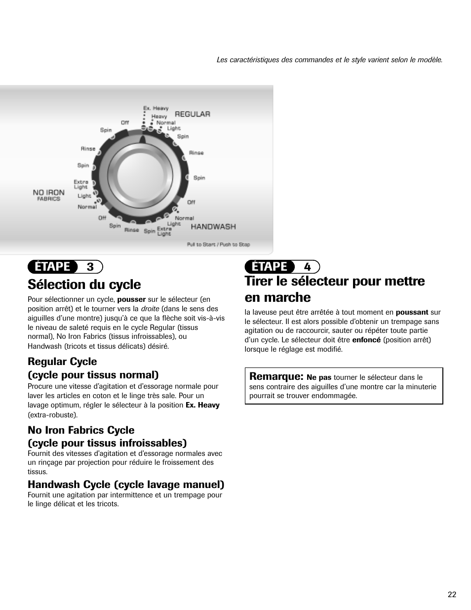 Sélection du cycle, Tirer le sélecteur pour mettre en marche, Étape 3 étape 4 | Amana NAV-1 User Manual | Page 23 / 52