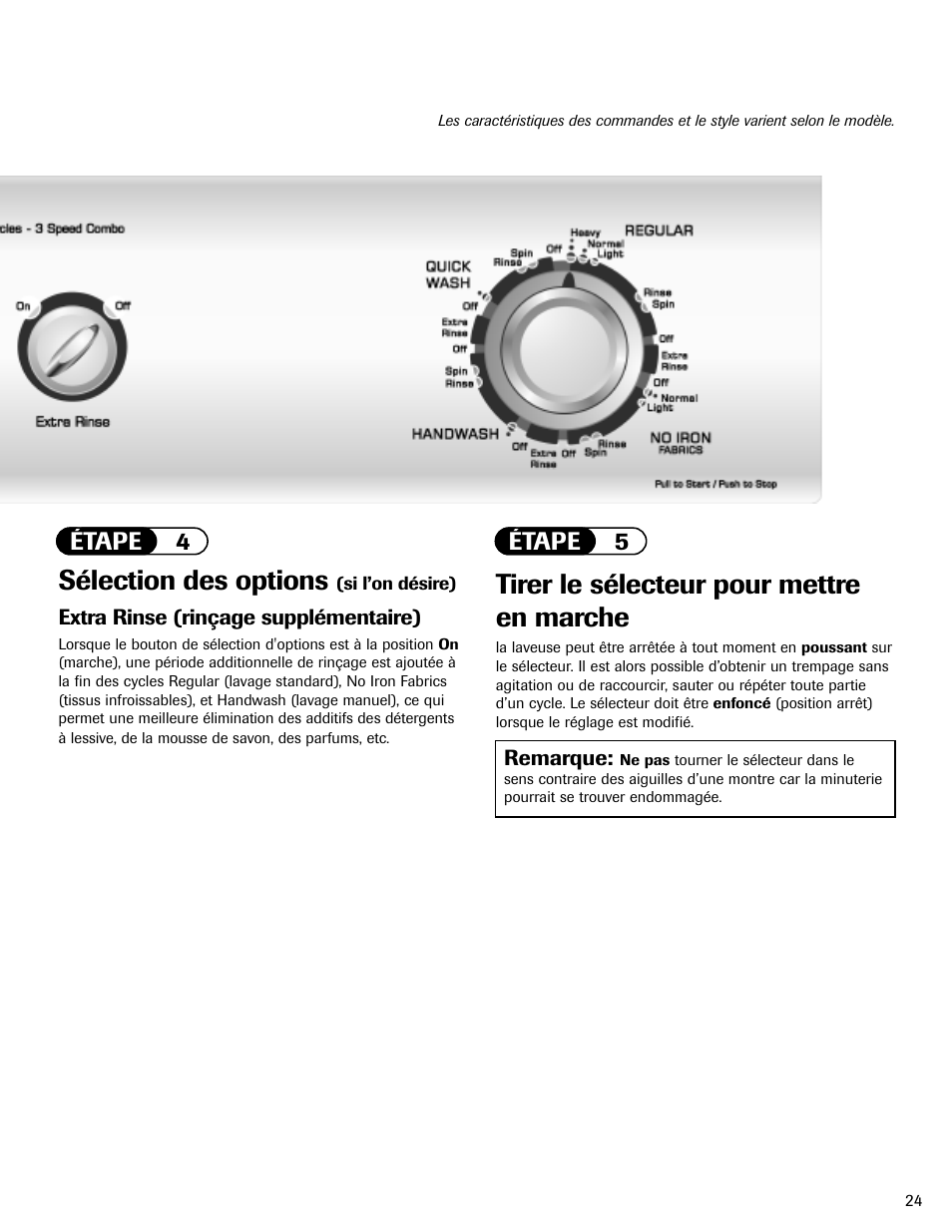 Sélection des options, Tirer le sélecteur pour mettre en marche, Étape 4 étape 5 | Amana NAV-1 User Manual | Page 25 / 52