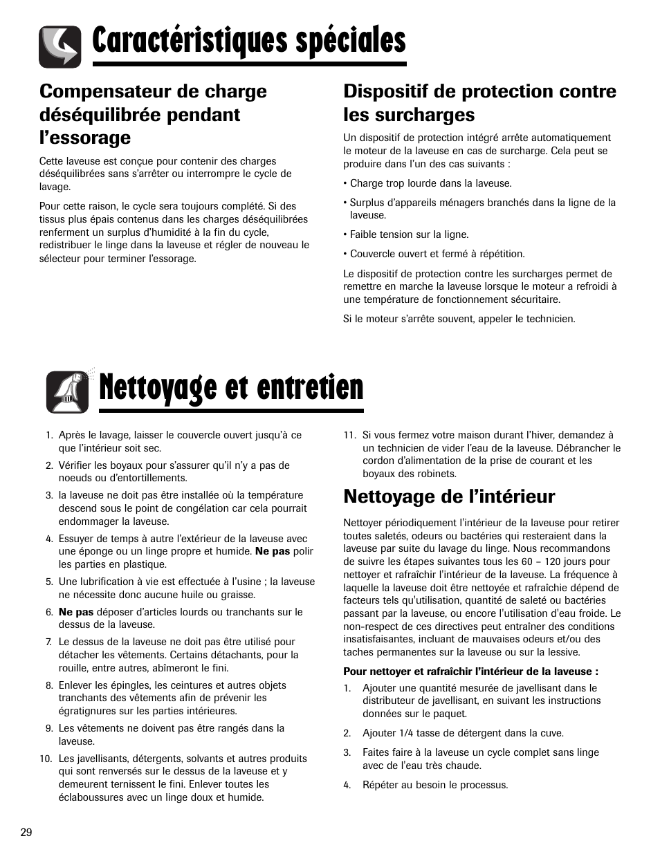 Caractéristiques spéciales nettoyage et entretien, Dispositif de protection contre les surcharges, Nettoyage de l’intérieur | Amana NAV-1 User Manual | Page 30 / 52