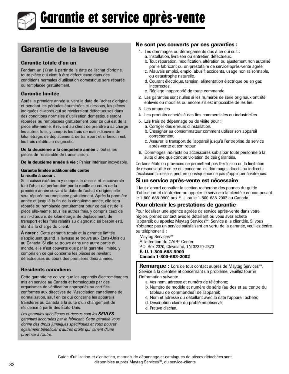 Garantie et service après-vente, Garantie de la laveuse | Amana NAV-1 User Manual | Page 34 / 52