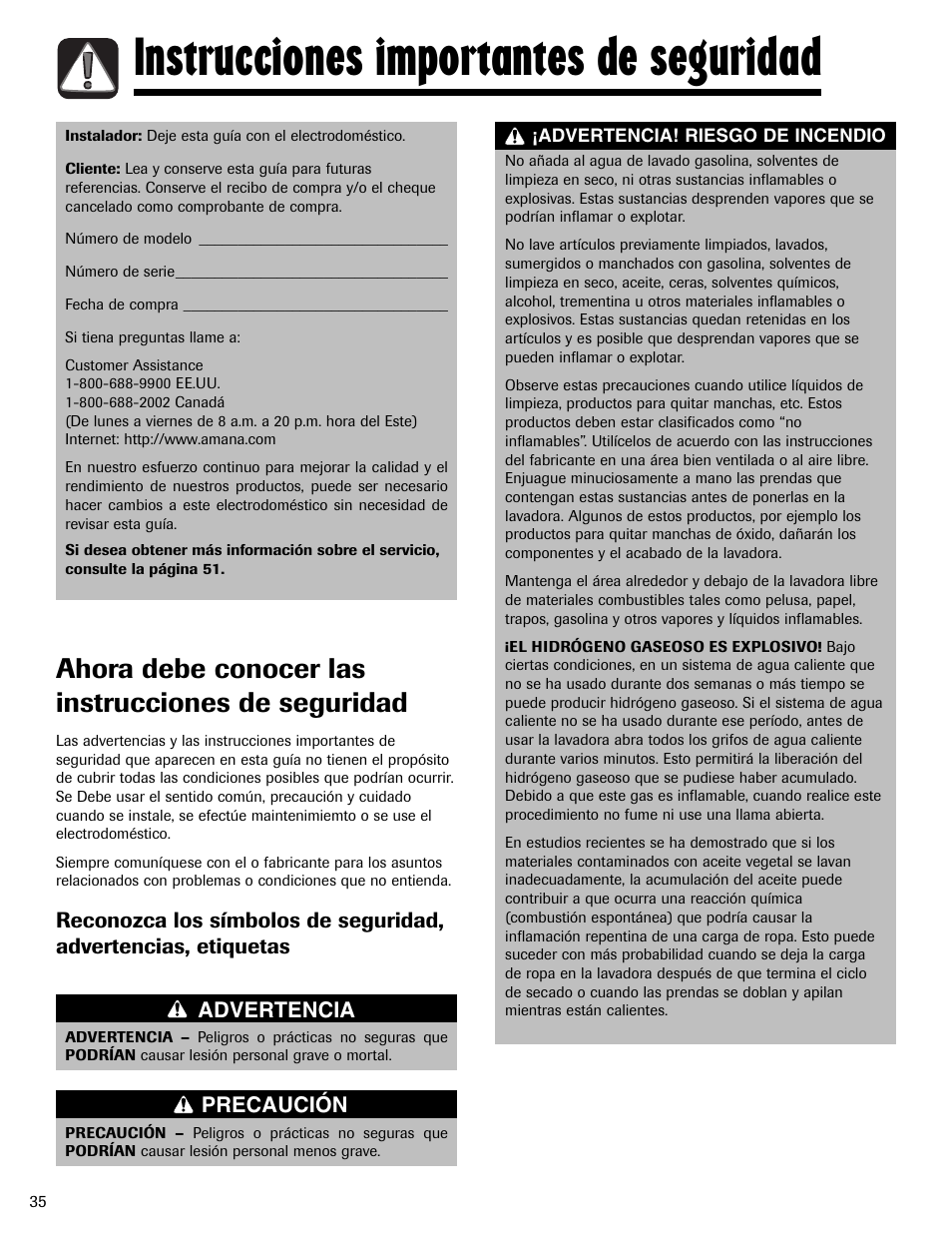 Instrucciones importantes de seguridad, Ahora debe conocer las instrucciones de seguridad | Amana NAV-1 User Manual | Page 36 / 52