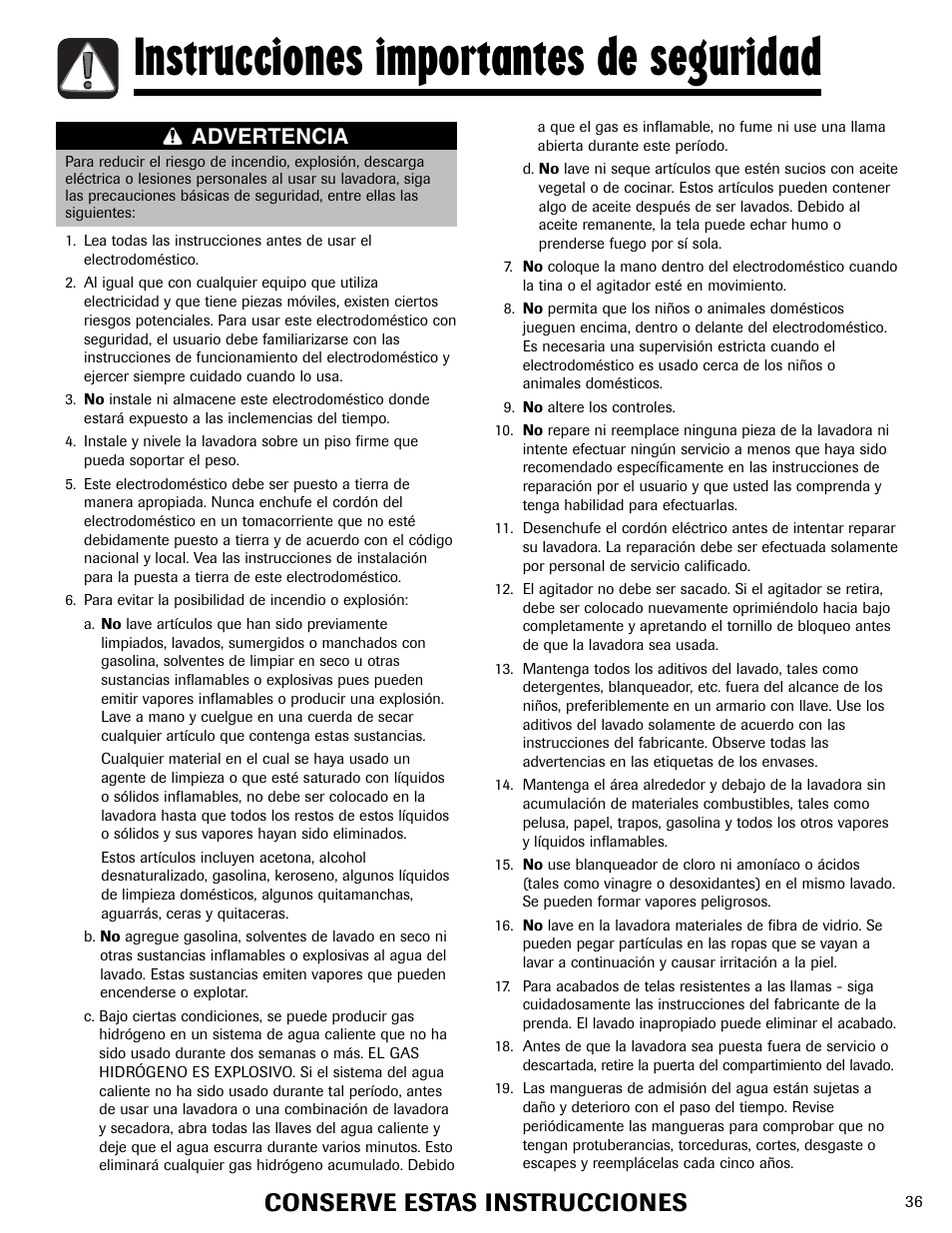 Instrucciones importantes de seguridad, Conserve estas instrucciones, Advertencia | Amana NAV-1 User Manual | Page 37 / 52