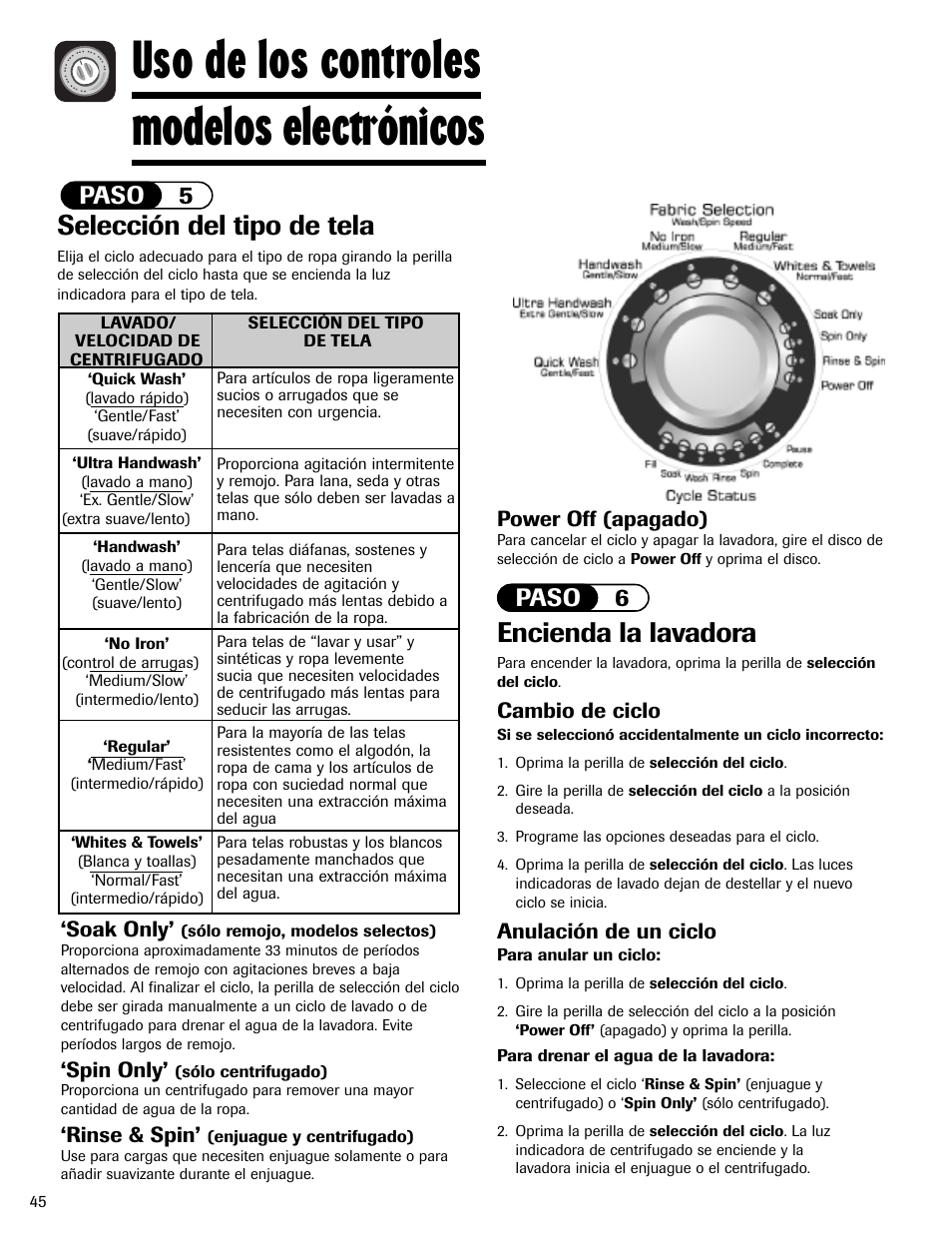 Uso de los controles modelos electrónicos, Selección del tipo de tela, Encienda la lavadora | Paso 5 paso 6 | Amana NAV-1 User Manual | Page 46 / 52