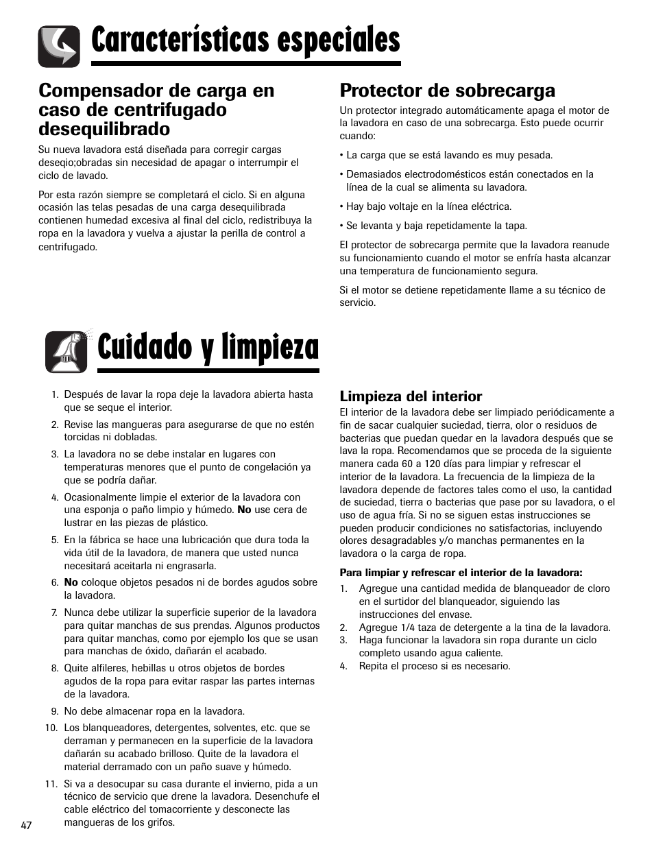 Características especiales cuidado y limpieza, Protector de sobrecarga, Limpieza del interior | Amana NAV-1 User Manual | Page 48 / 52