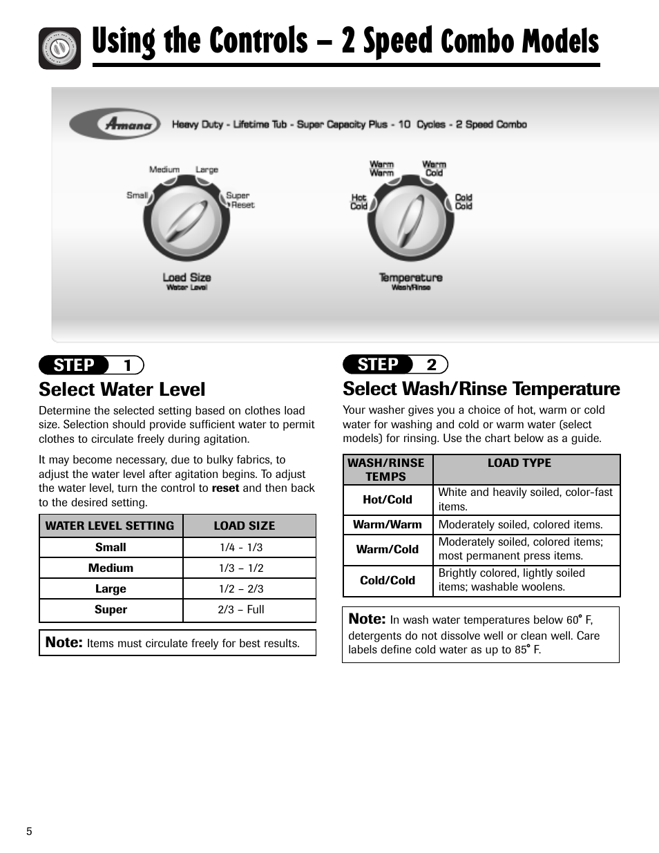 Using the controls – 2 speed, Combo models, Select water level | Select wash/rinse temperature, Step 1 step 2 | Amana NAV-1 User Manual | Page 6 / 52