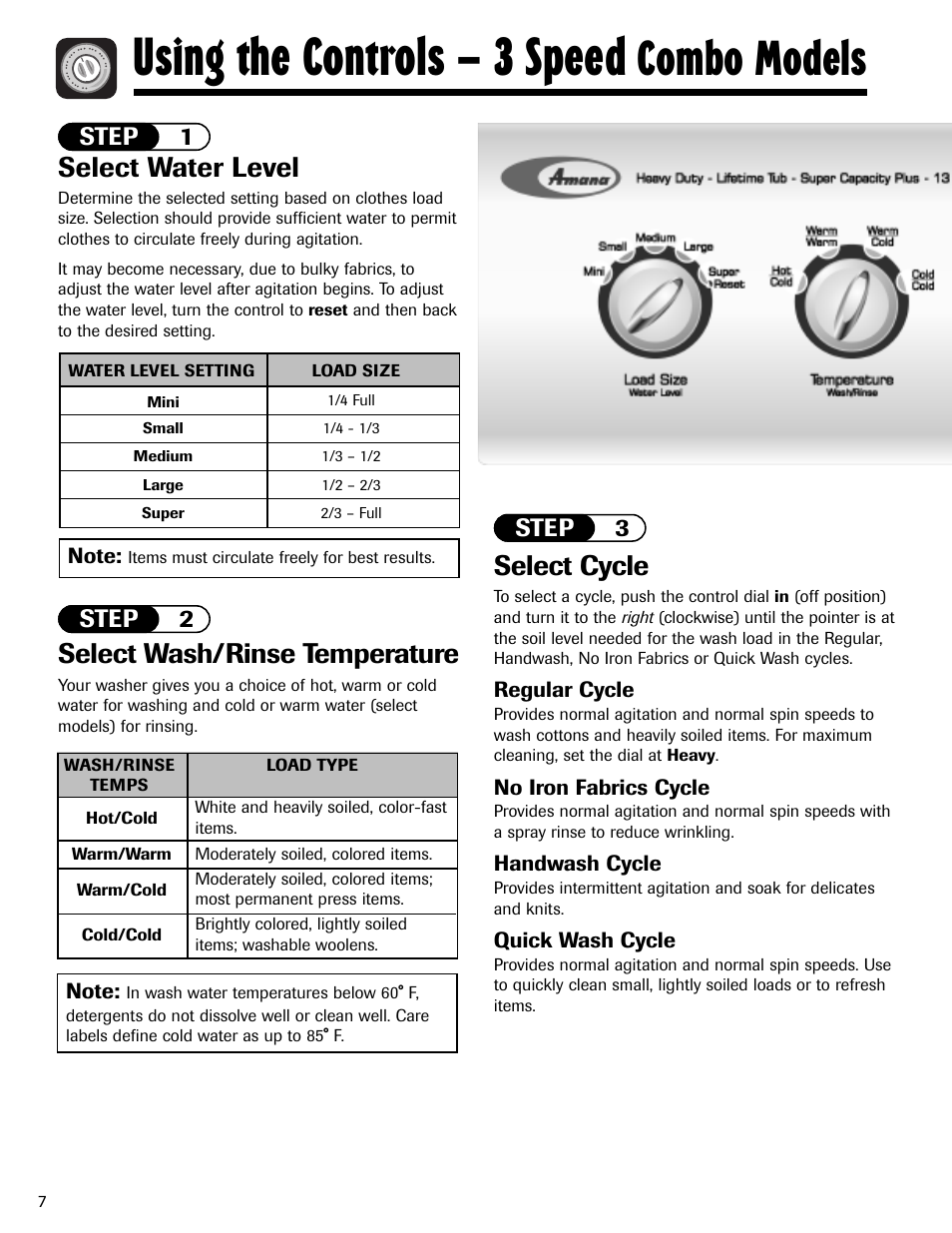 Using the controls – 3 speed, Combo models, Select water level | Select wash/rinse temperature, Select cycle, Step 1, Step 2, Step 3 | Amana NAV-1 User Manual | Page 8 / 52