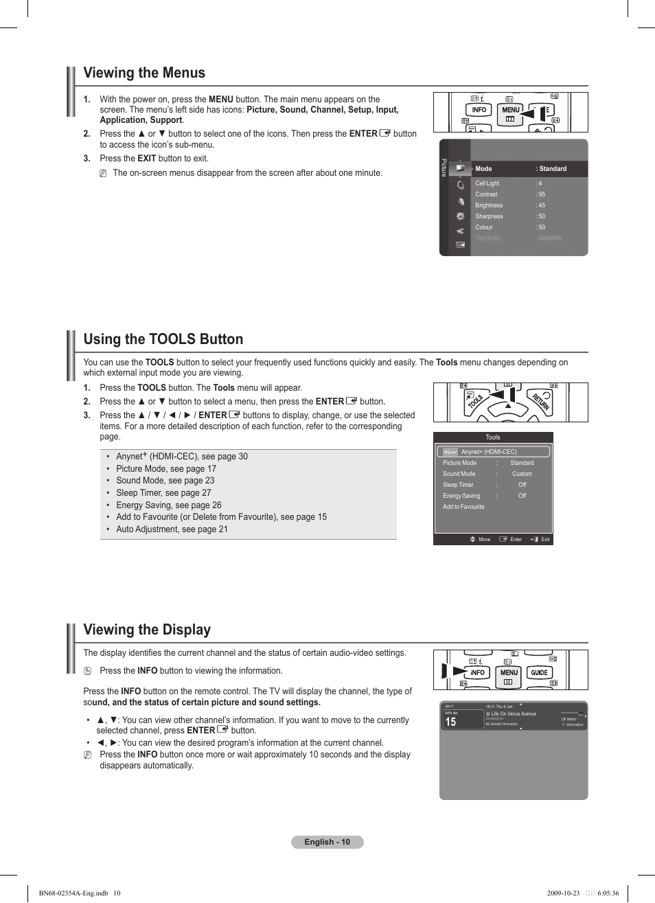 Viewing the menus, Using the tools button, Viewing the display | Samsung PS50B450B1W User Manual | Page 10 / 357