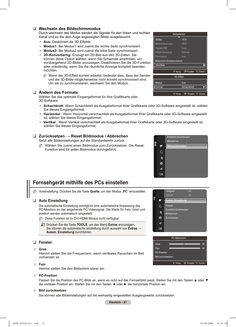 Fernsehgerät mithilfe des pcs einstellen, Auto einstellung, Fenster | Wechseln des bildschirmmodus, Ändern des formats, Zurücksetzen → reset bildmodus / abbrechen | Samsung PS50B450B1W User Manual | Page 100 / 357
