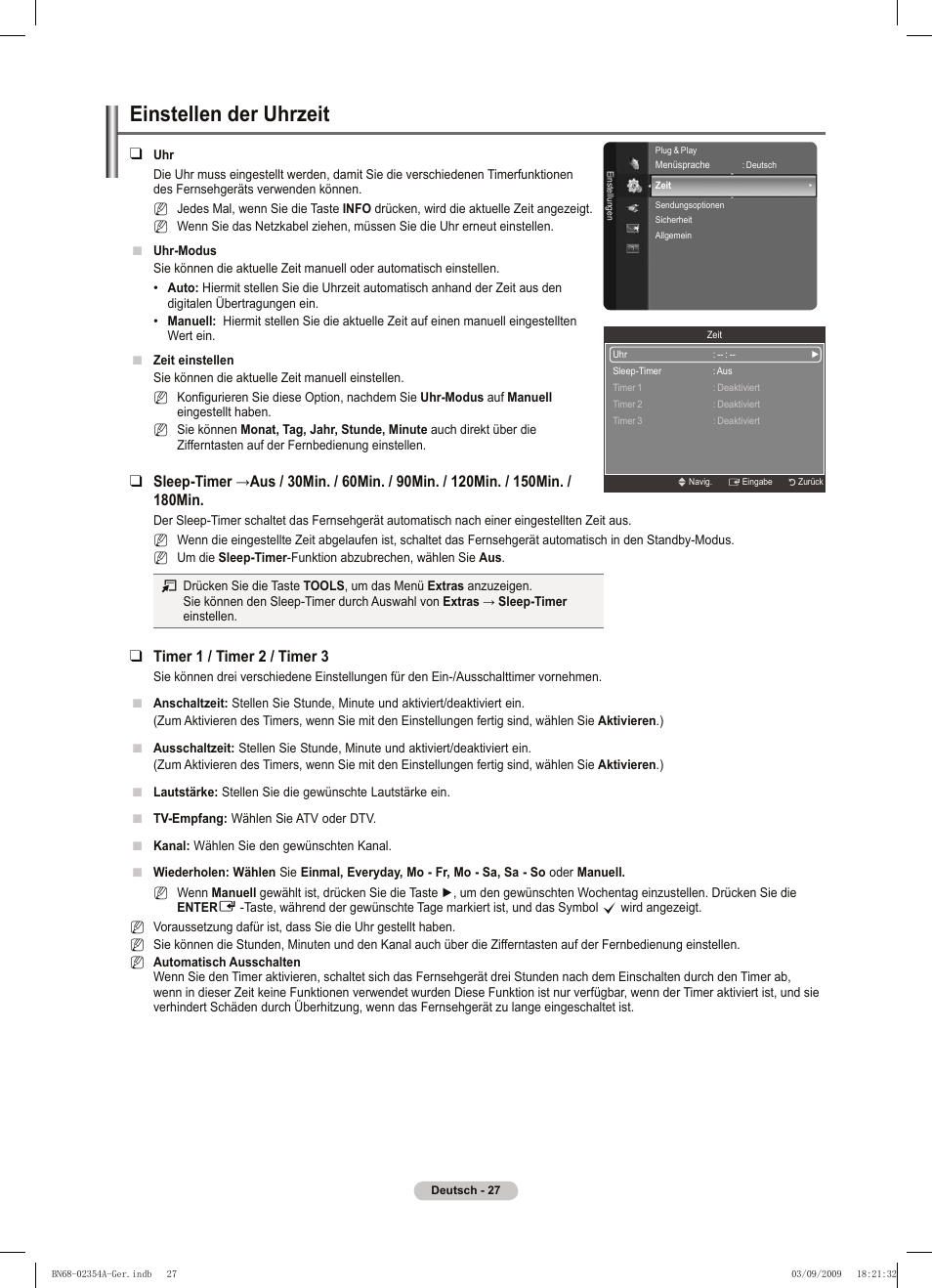 Einstellen der uhrzeit, Timer 1 / timer 2 / timer 3 | Samsung PS50B450B1W User Manual | Page 106 / 357