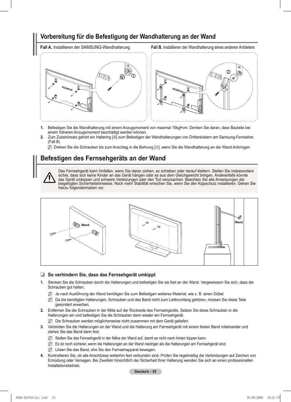 경고 주의 경고 주의, Befestigen des fernsehgeräts an der wand | Samsung PS50B450B1W User Manual | Page 114 / 357