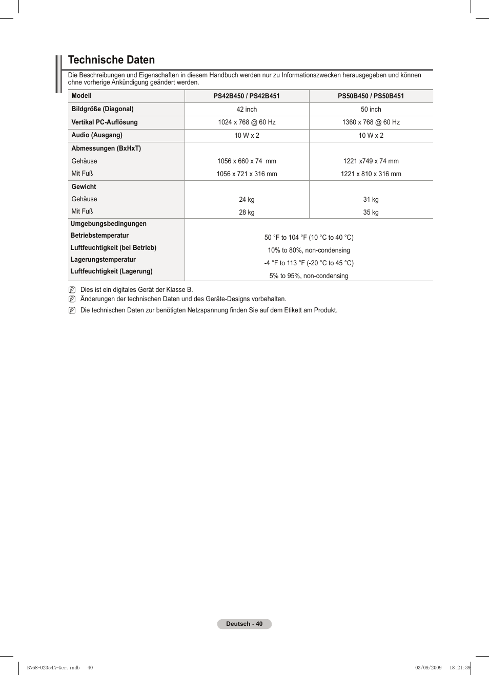 Technische daten | Samsung PS50B450B1W User Manual | Page 119 / 357