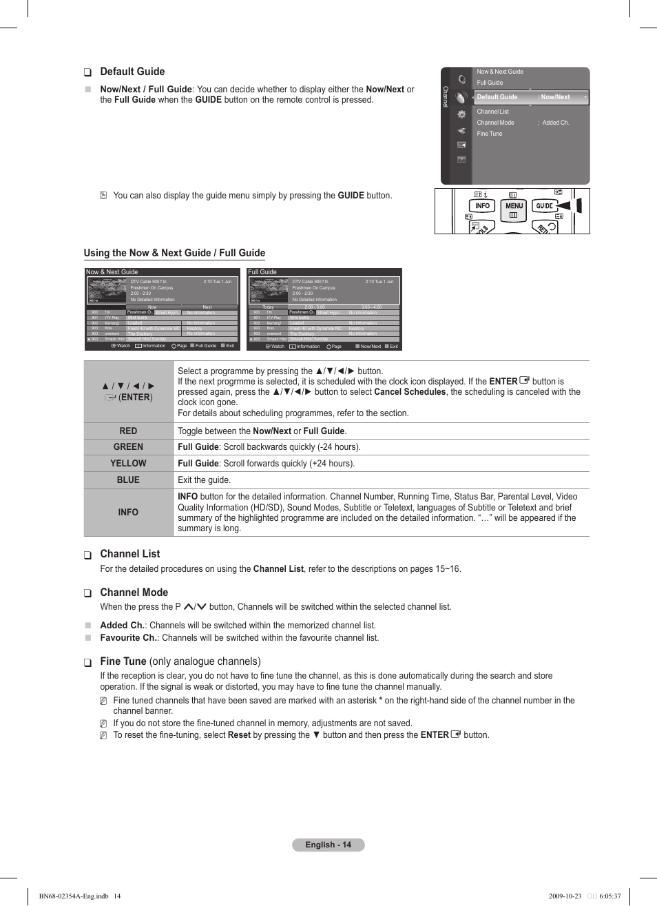 Default guide, Channel list, Channel mode | Fine tune, Only analogue channels), Using the now & next guide / full guide | Samsung PS50B450B1W User Manual | Page 14 / 357