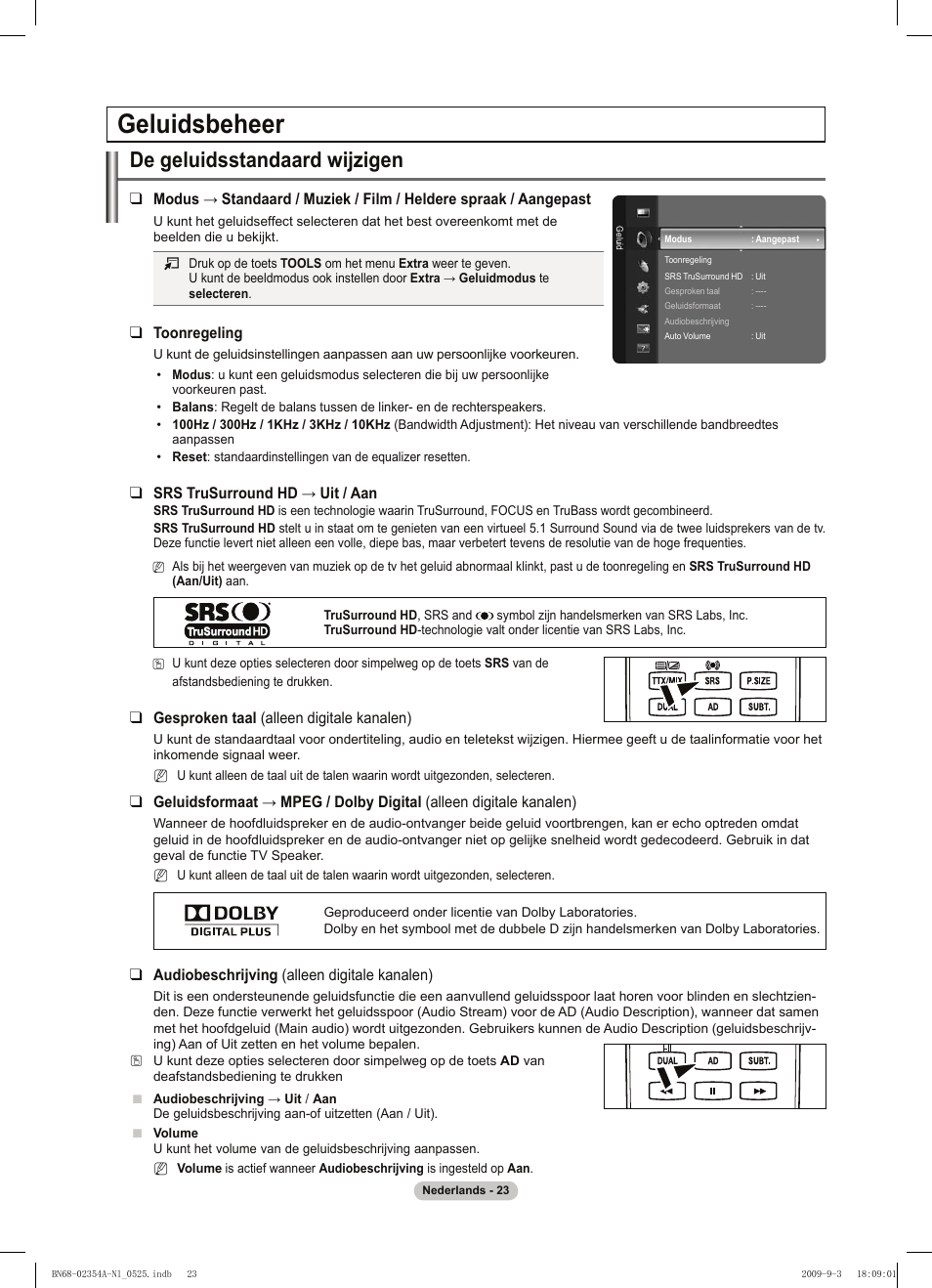 Geluidsbeheer, De geluidsstandaard wijzigen | Samsung PS50B450B1W User Manual | Page 141 / 357