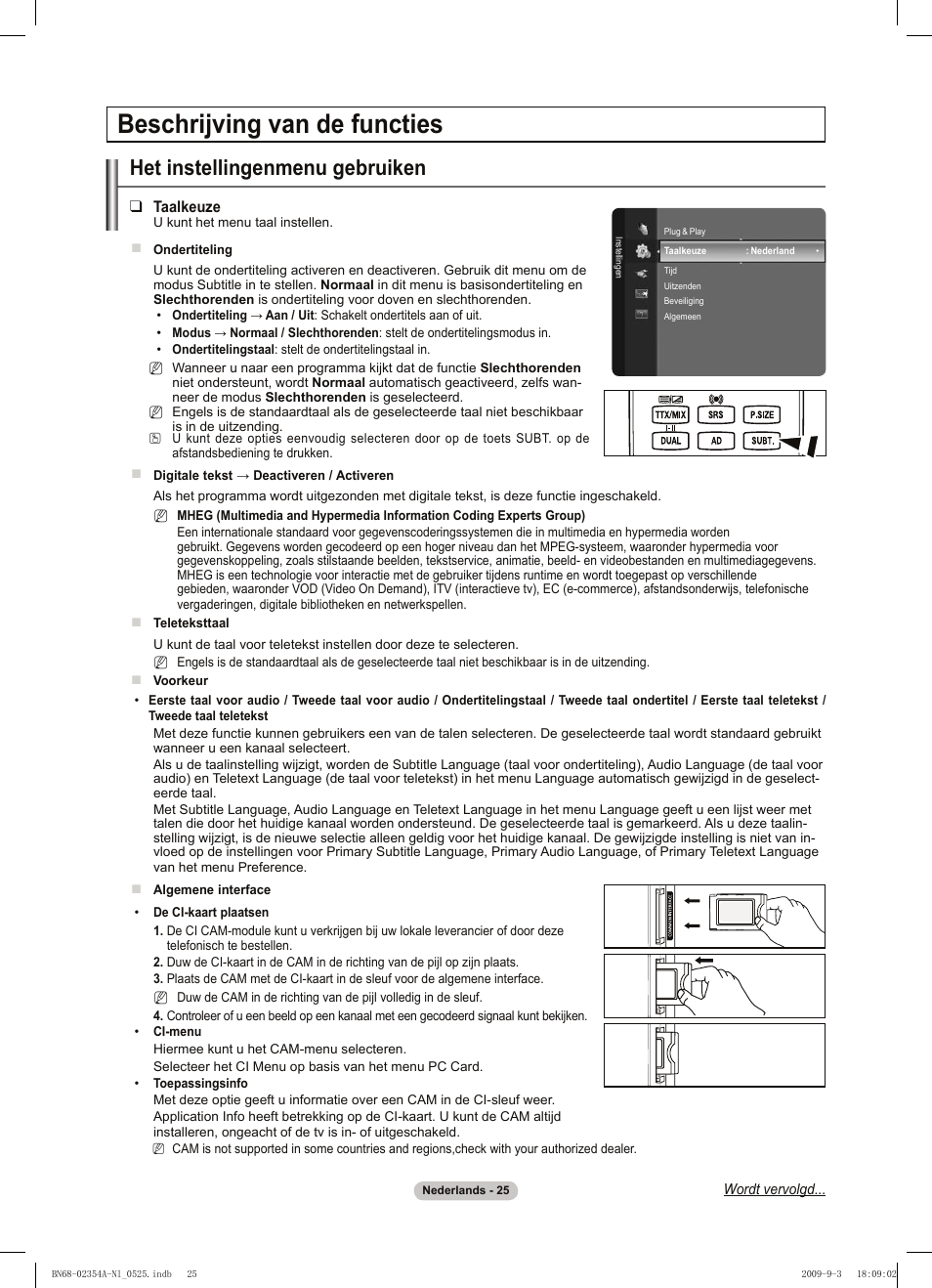 Beschrijving van de functies, Het instellingenmenu gebruiken | Samsung PS50B450B1W User Manual | Page 143 / 357