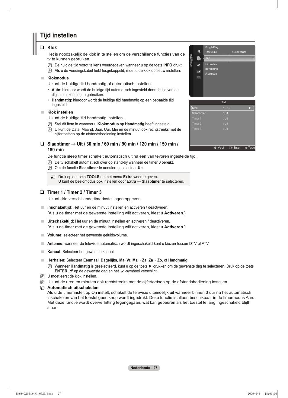 Tijd instellen, Klok, Timer 1 / timer  / timer 3 | Samsung PS50B450B1W User Manual | Page 145 / 357