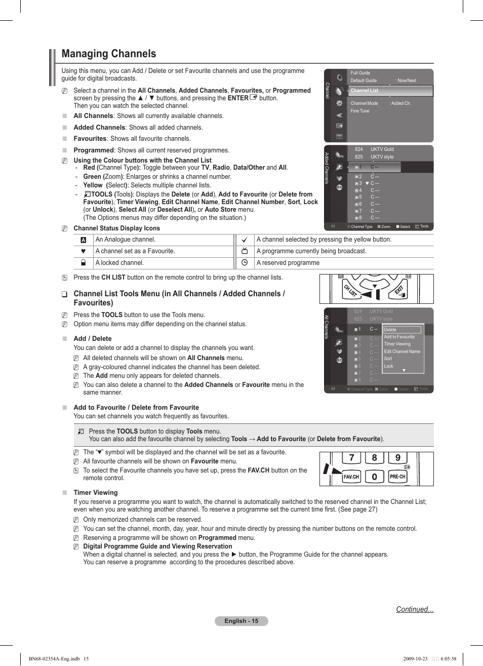 Managing channels, Favourites), Continued | Samsung PS50B450B1W User Manual | Page 15 / 357