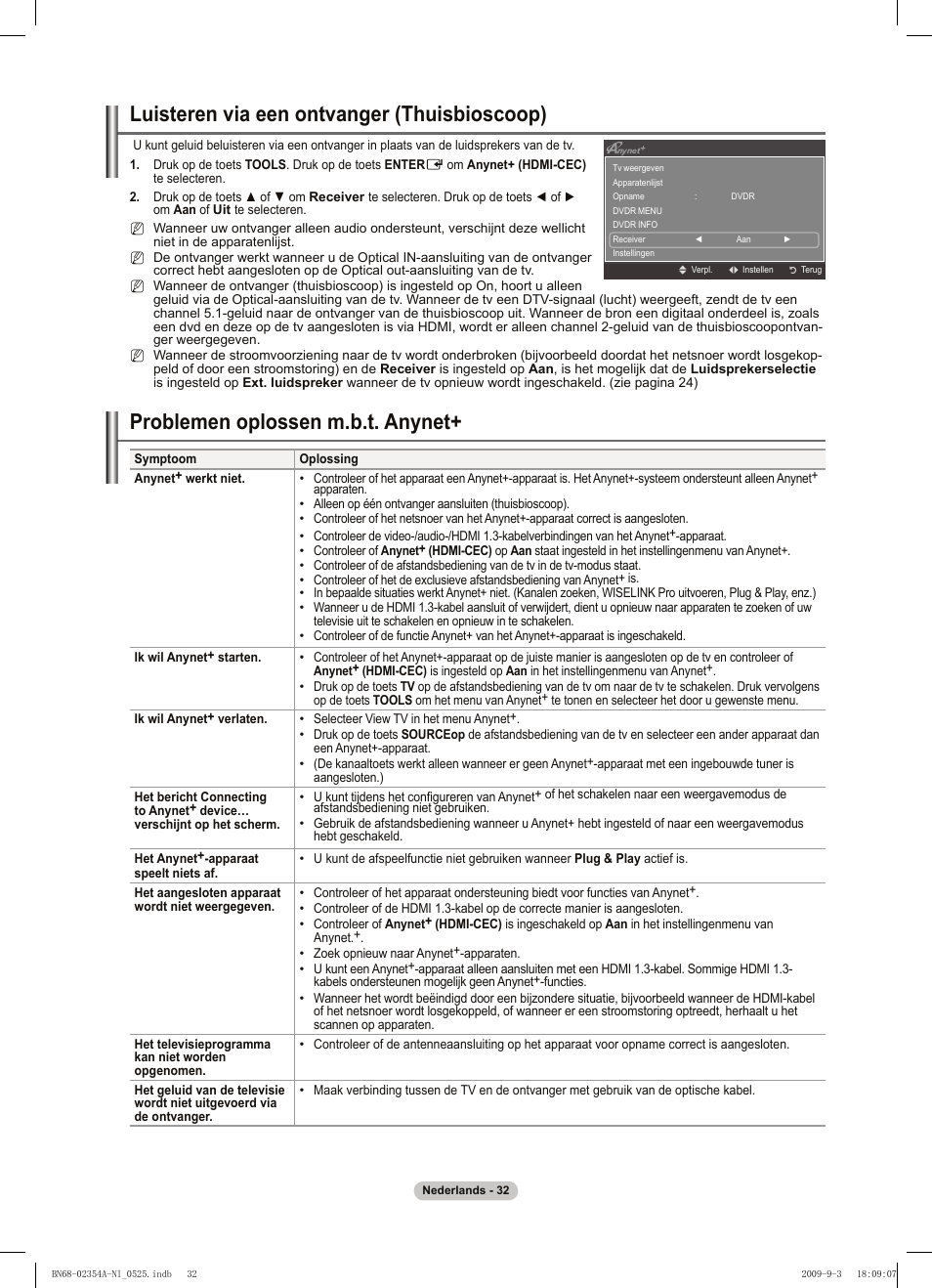 Luisteren via een ontvanger (thuisbioscoop), Problemen oplossen m.b.t. anynet | Samsung PS50B450B1W User Manual | Page 150 / 357