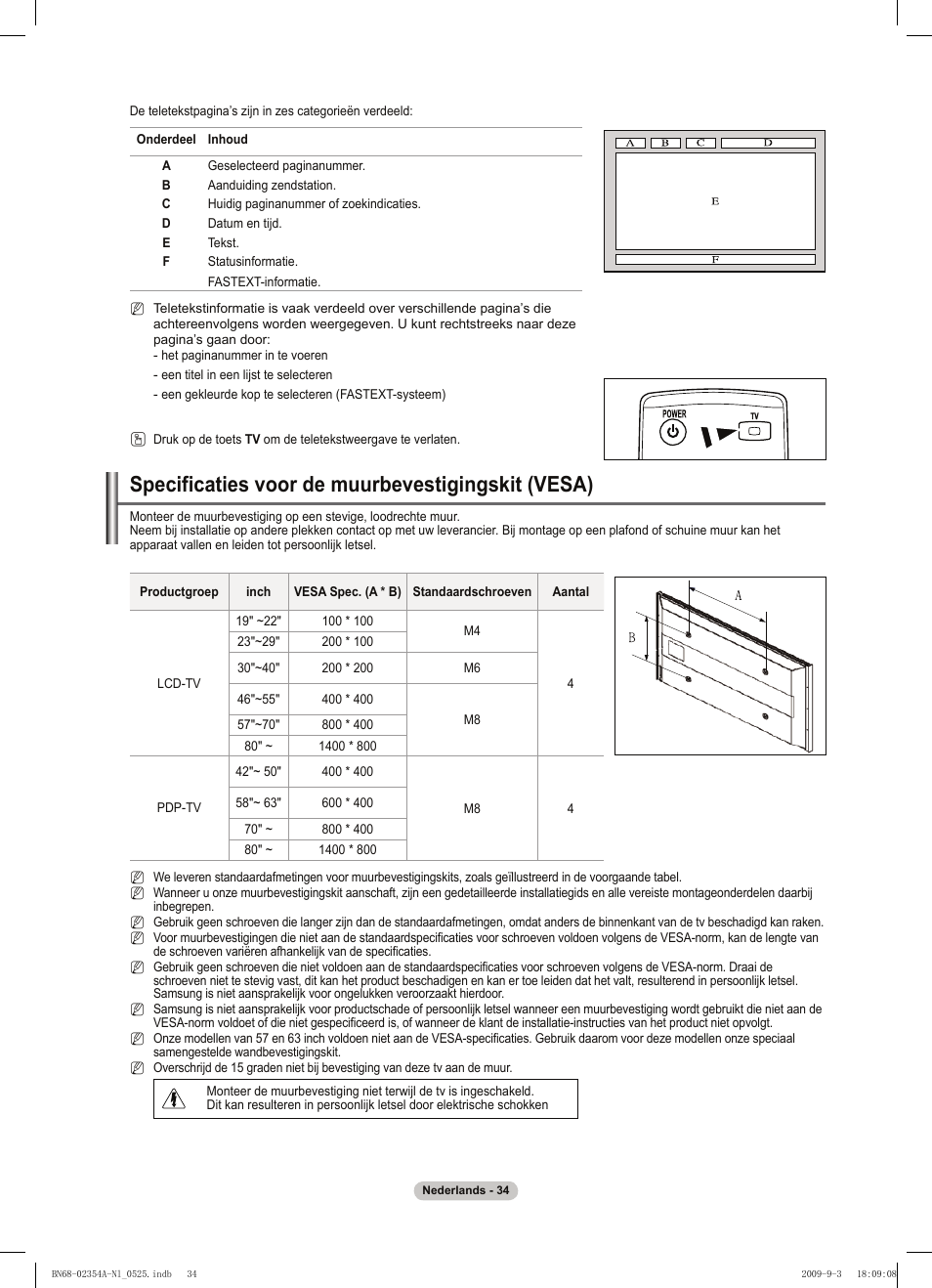 Specificaties voor de muurbevestigingskit (vesa) | Samsung PS50B450B1W User Manual | Page 152 / 357