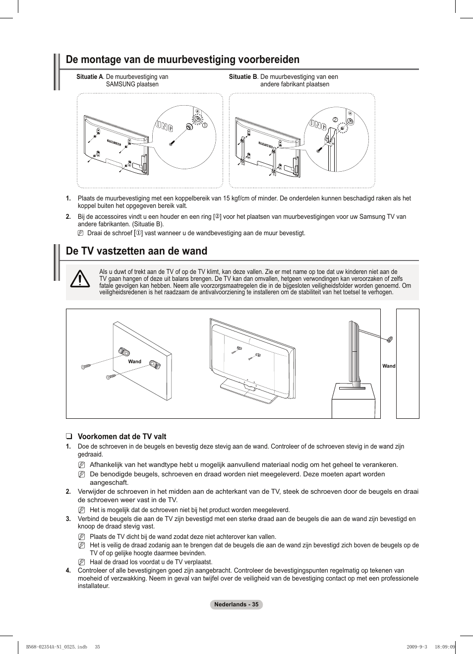 경고 주의 경고 주의, De tv vastzetten aan de wand, De montage van de muurbevestiging voorbereiden | Samsung PS50B450B1W User Manual | Page 153 / 357