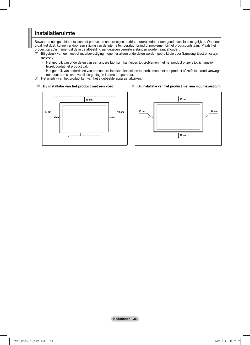 Installatieruimte | Samsung PS50B450B1W User Manual | Page 154 / 357