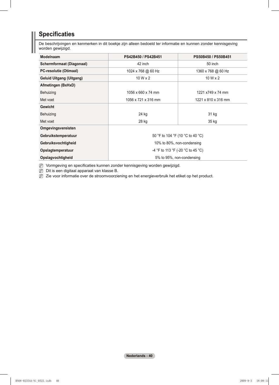 Specificaties | Samsung PS50B450B1W User Manual | Page 158 / 357