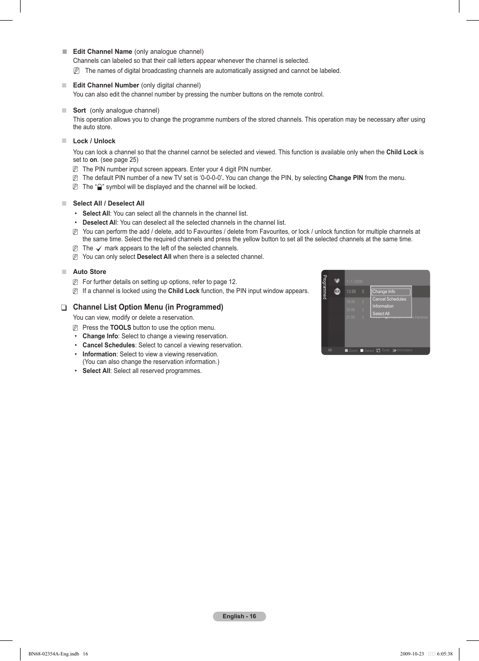 Channel list option menu (in programmed) | Samsung PS50B450B1W User Manual | Page 16 / 357