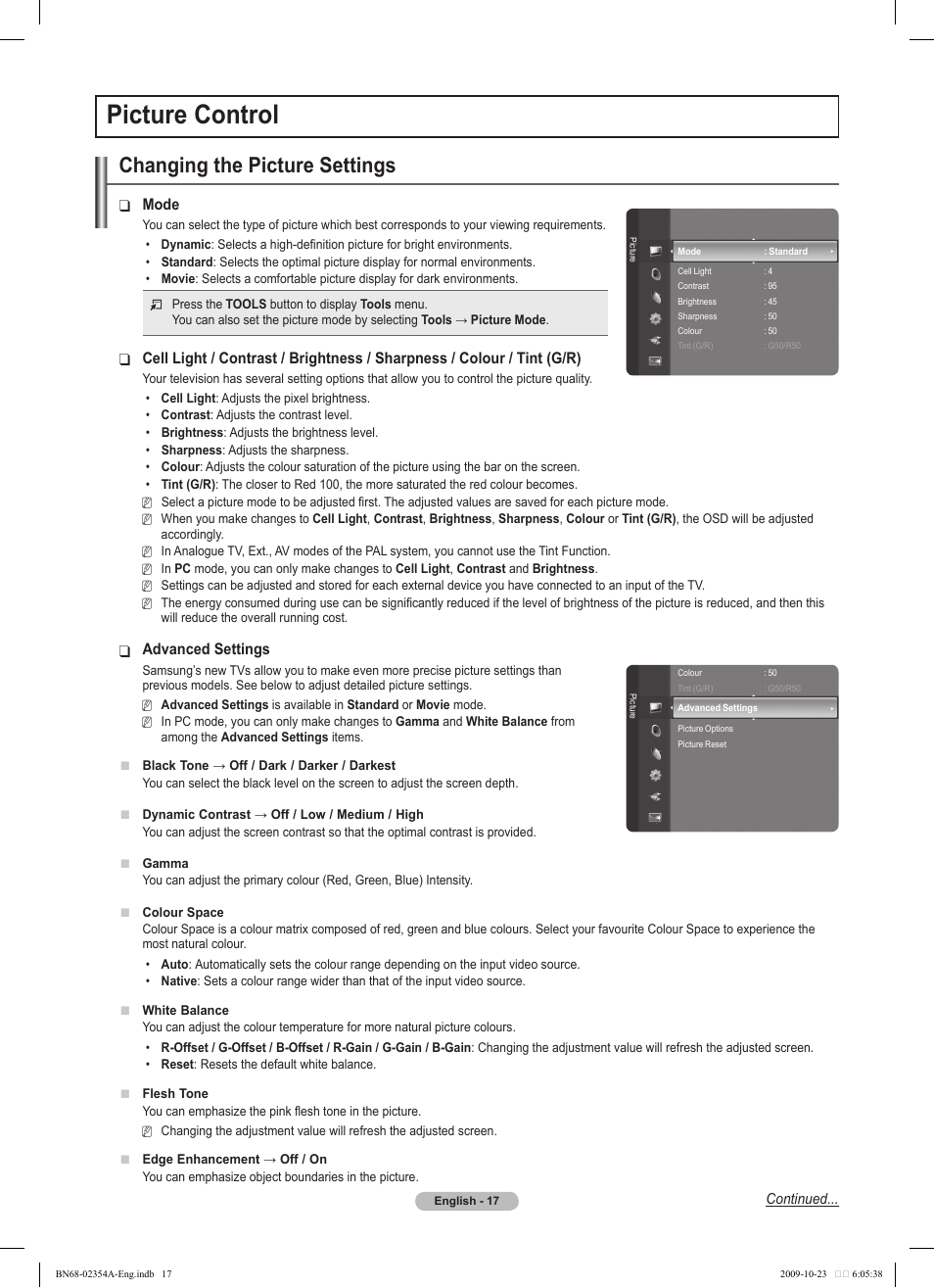 Picture control, Changing the picture settings, Mode | Advanced settings | Samsung PS50B450B1W User Manual | Page 17 / 357