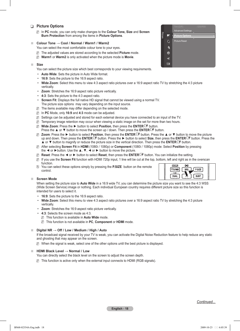 Picture options | Samsung PS50B450B1W User Manual | Page 18 / 357