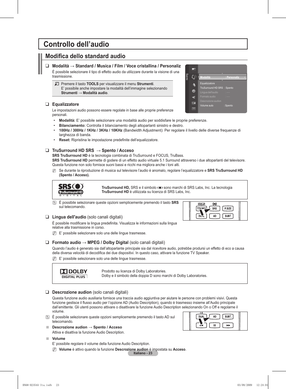 Controllo dell’audio, Modifica dello standard audio | Samsung PS50B450B1W User Manual | Page 180 / 357