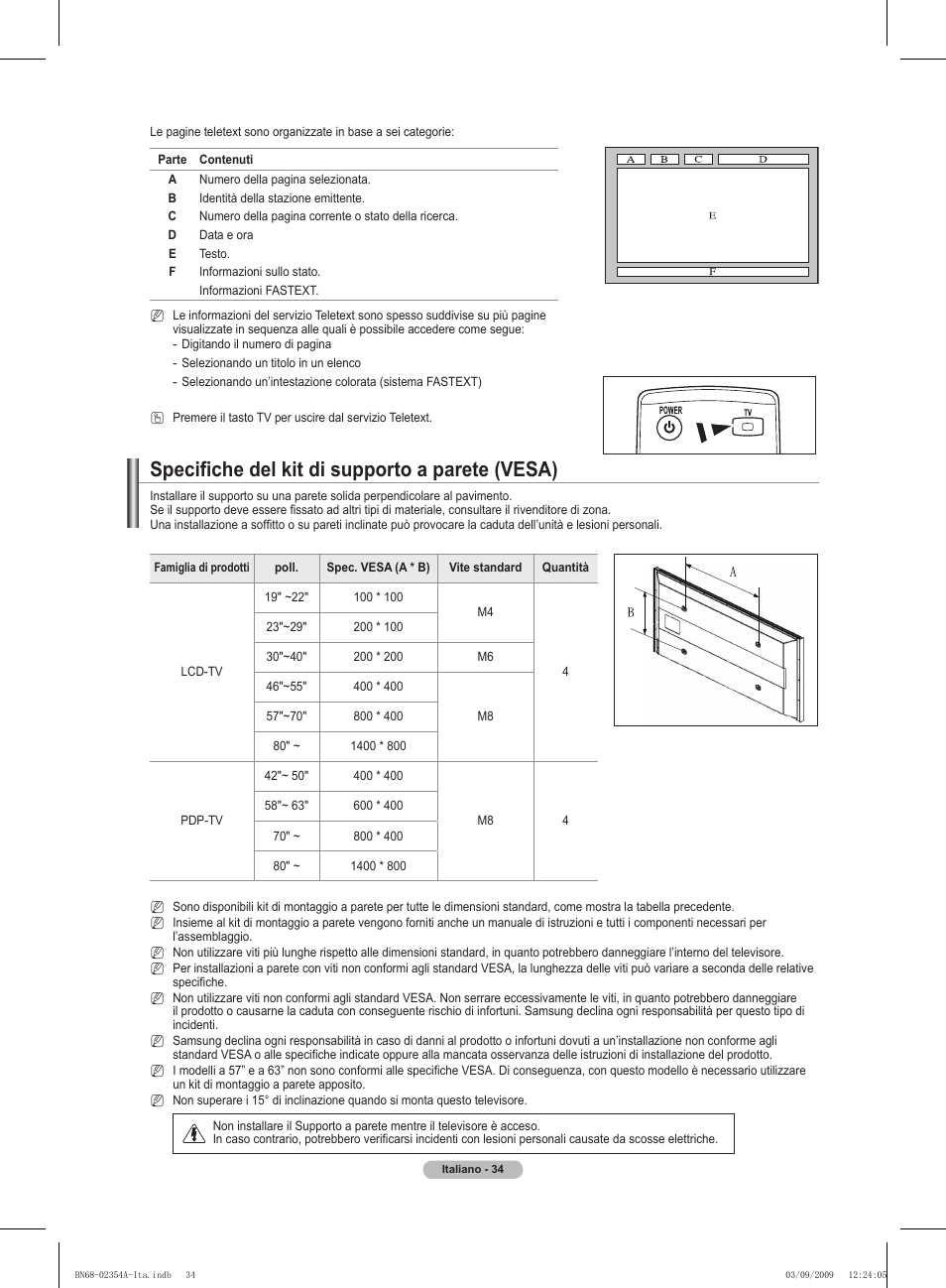 Specifiche del kit di supporto a parete (vesa) | Samsung PS50B450B1W User Manual | Page 191 / 357