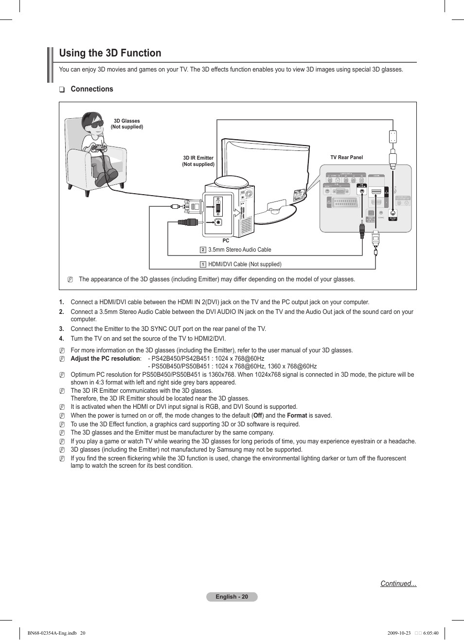 Using the 3d function | Samsung PS50B450B1W User Manual | Page 20 / 357