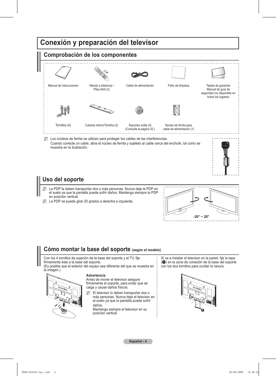 Conexión y preparación del televisor, Comprobación de los componentes, Uso del soporte | Cómo montar la base del soporte | Samsung PS50B450B1W User Manual | Page 201 / 357