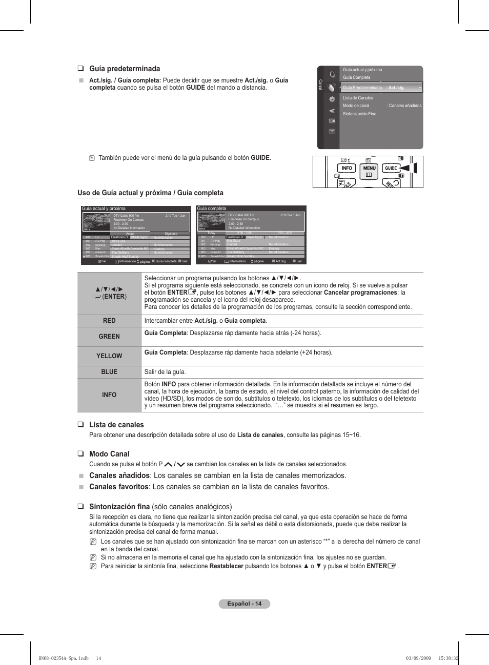 Guía predeterminada, Lista de canales, Modo canal | Uso de guía actual y próxima / guía completa | Samsung PS50B450B1W User Manual | Page 211 / 357