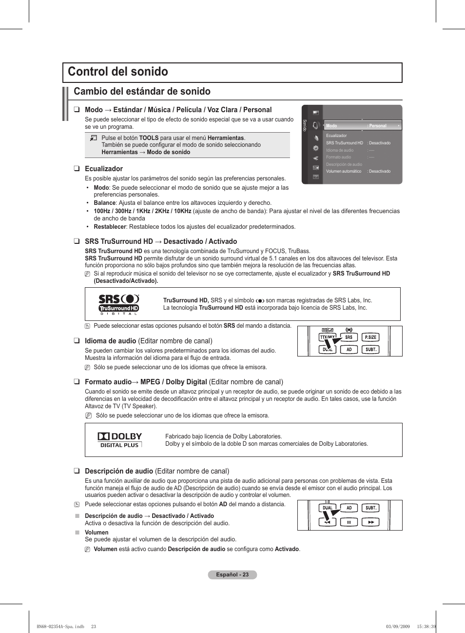 Control del sonido, Cambio del estándar de sonido | Samsung PS50B450B1W User Manual | Page 220 / 357