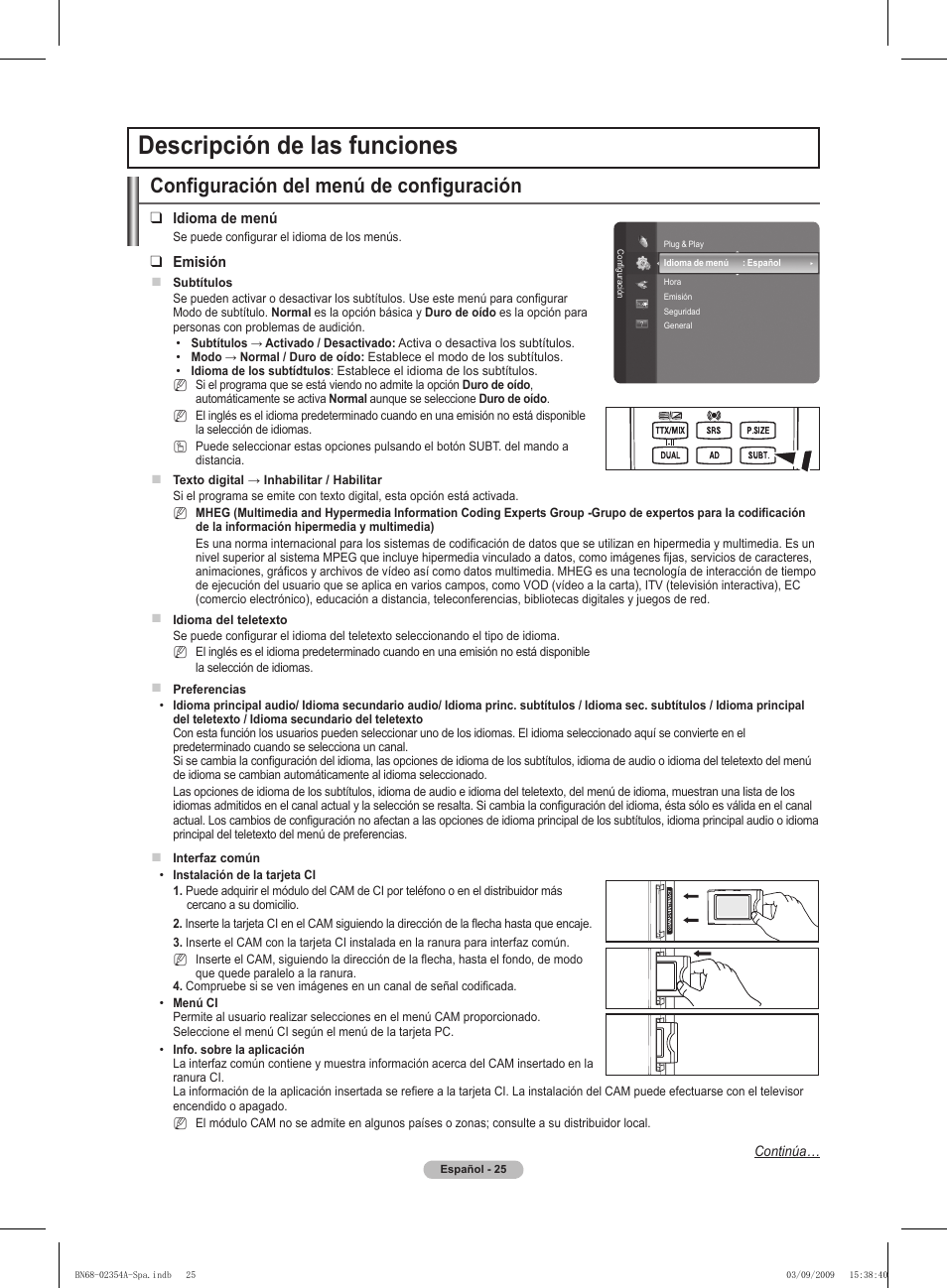 Descripción de las funciones, Configuración del menú de configuración | Samsung PS50B450B1W User Manual | Page 222 / 357