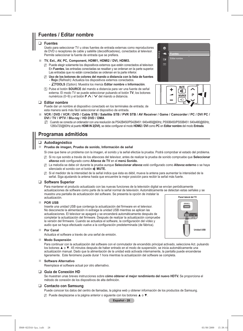 Fuentes / editar nombre, Programas admitidos | Samsung PS50B450B1W User Manual | Page 225 / 357