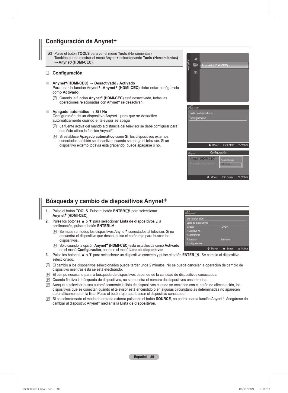 Búsqueda y cambio de dispositivos anynet, Configuración de anynet, Configuración | Samsung PS50B450B1W User Manual | Page 227 / 357