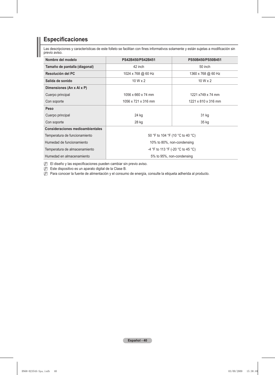 Especificaciones | Samsung PS50B450B1W User Manual | Page 237 / 357