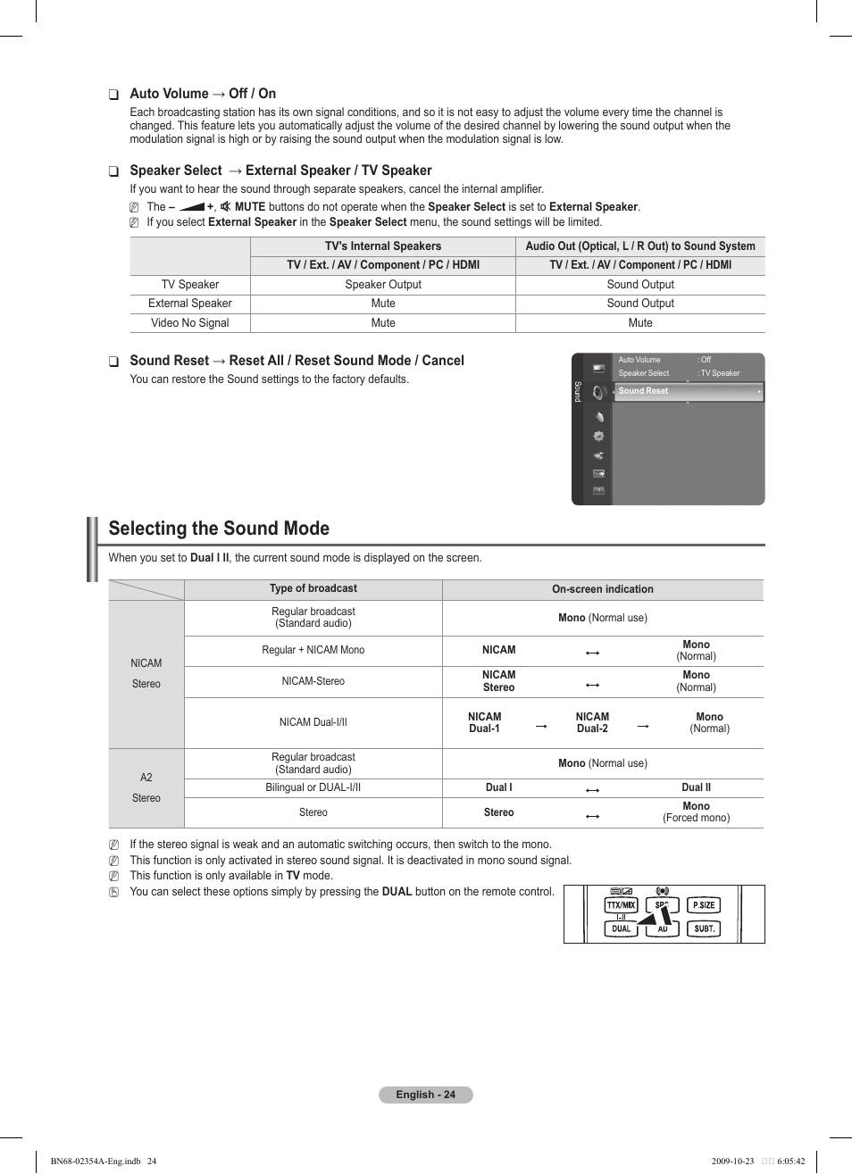 Selecting the sound mode | Samsung PS50B450B1W User Manual | Page 24 / 357