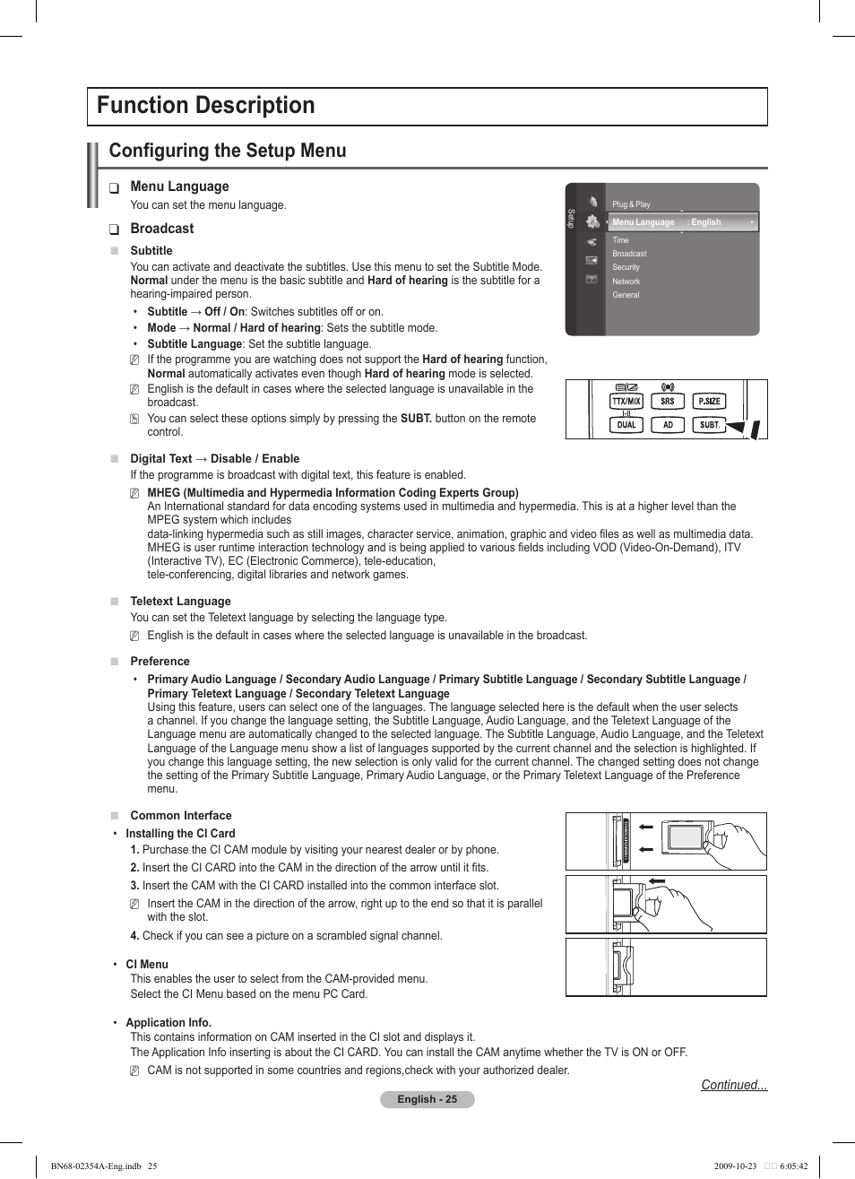 Function description, Configuring the setup menu | Samsung PS50B450B1W User Manual | Page 25 / 357